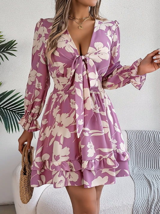 Tied Ruffled Printed Long Sleeve Dress by Uneeque Designzz
