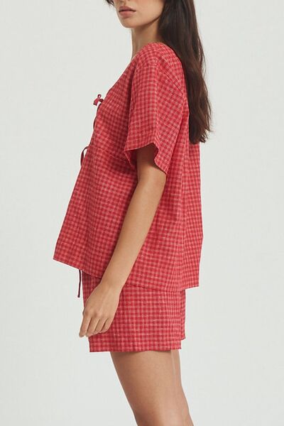 Plaid Tied Scoop Neck Short Sleeve Top and Drawstring Shorts Set – Uneeque Designzz