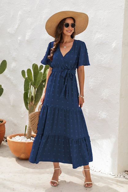Swiss Dot Tied Surplice Short Sleeve Dress – Uneeque Designzz