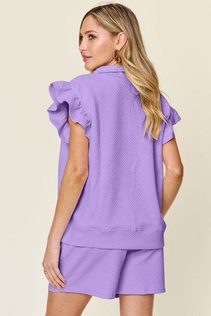 Double Take Full Size Texture Flounce Sleeve Top and Drawstring Shorts Set – Uneeque Designzz