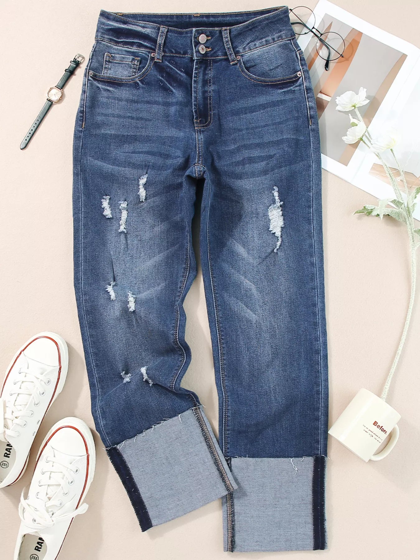 High Waist Distressed Straight Leg Jeans by Trendsi