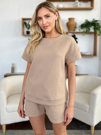 Double Take Full Size Texture Short Sleeve T-Shirt and Drawstring Shorts Set – Uneeque Designzz