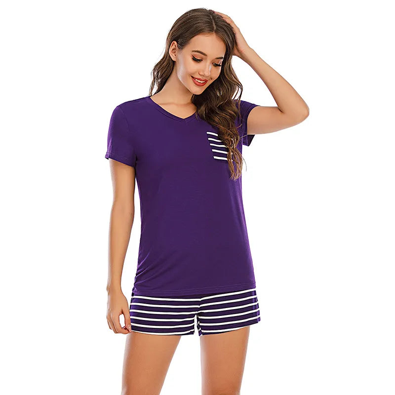 Striped Short Sleeve Top and Shorts Lounge Set by Trendsi