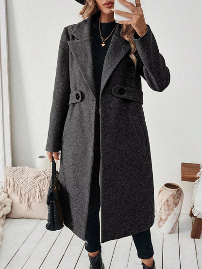 One Button Polyester Lapel Collar Belted Overcoat with Pockets – Uneeque Designzz