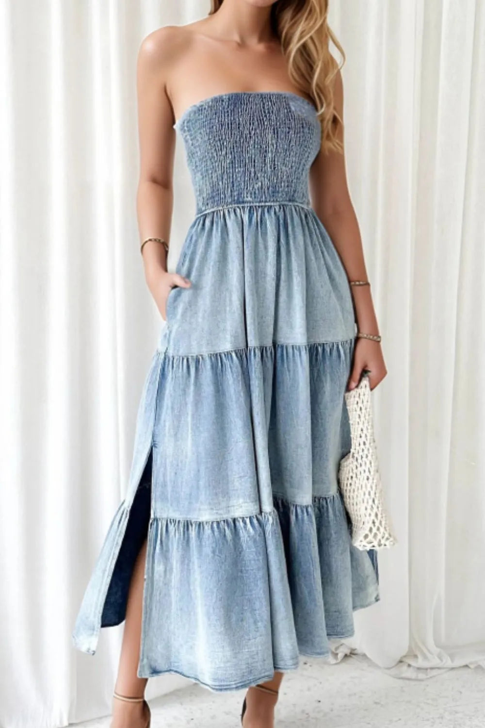 Smocked Tube Slit Tiered Denim Dress by Uneeque Designzz