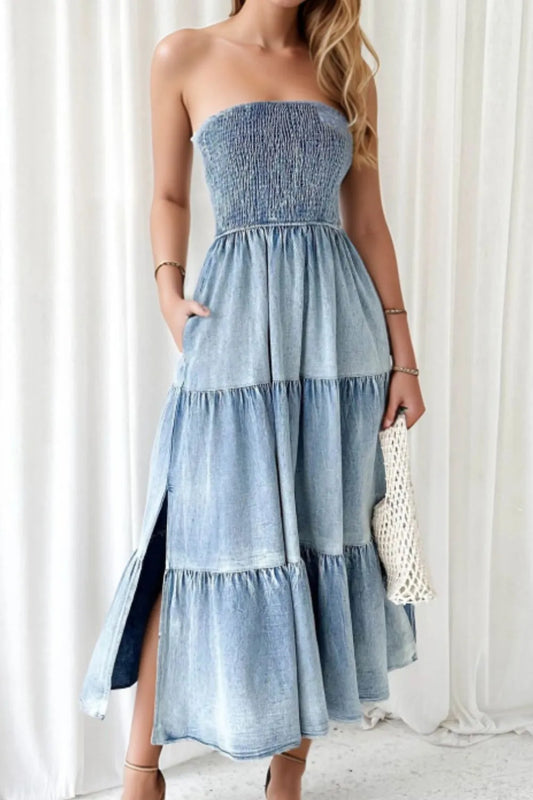 Smocked Tube Slit Tiered Denim Dress by Trendsi