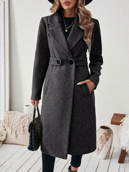 One Button Polyester Lapel Collar Belted Overcoat with Pockets – Uneeque Designzz
