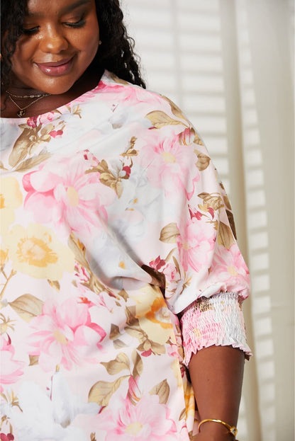 Double Take Floral Round Neck Three-Quarter Sleeve Top – Uneeque Designzz