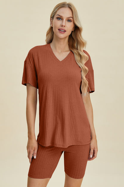 Basic Bae Full Size Ribbed V-Neck Short Sleeve Top and Shorts Set – Uneeque Designzz