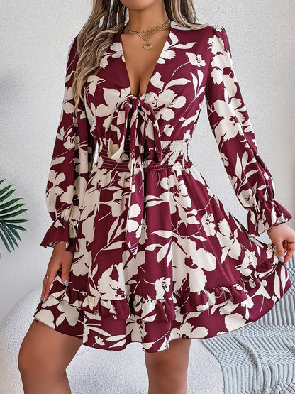 Tied Ruffled Printed Long Sleeve Dress – Uneeque Designzz
