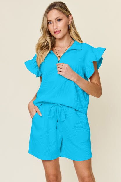Double Take Full Size Texture Flounce Sleeve Top and Drawstring Shorts Set – Uneeque Designzz