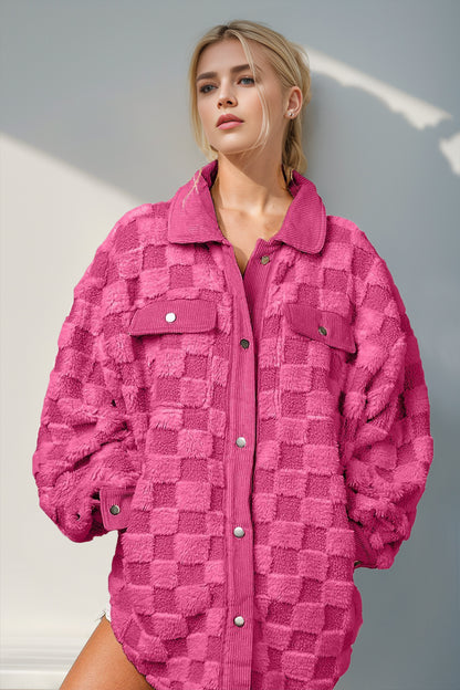 Double Take Button-Up Fuzzy Checkered Shacket – Uneeque Designzz