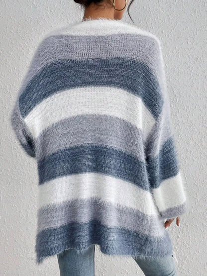 Striped Fuzzy Knit Pocketed Open-Front Casual Soft Cardigan – Uneeque Designzz