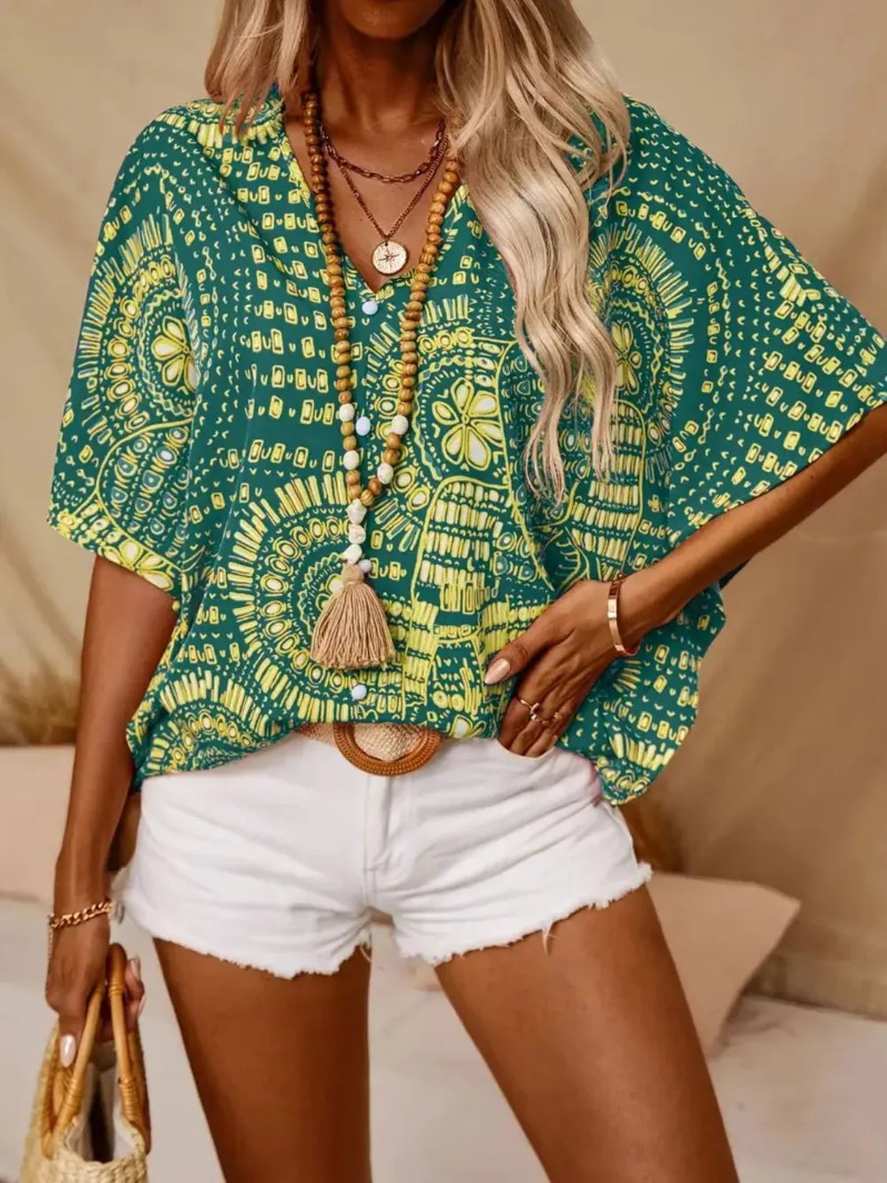 Printed V-Neck Half Sleeve Top by Trendsi
