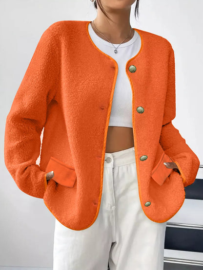 Textured Button Front Fleece Jacket Plus Size Casual Outerwear – Uneeque Designzz