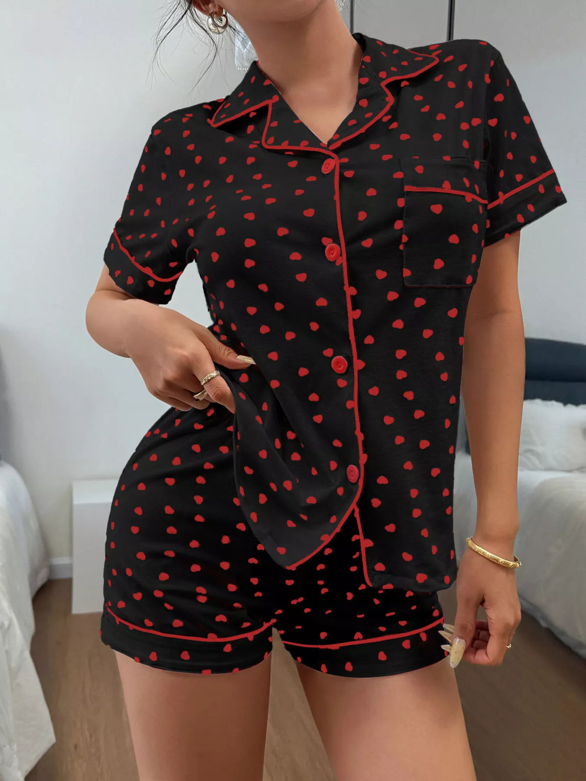 Heart Print Button-Down Short Sleeve Top and Shorts Lounge Set by Trendsi