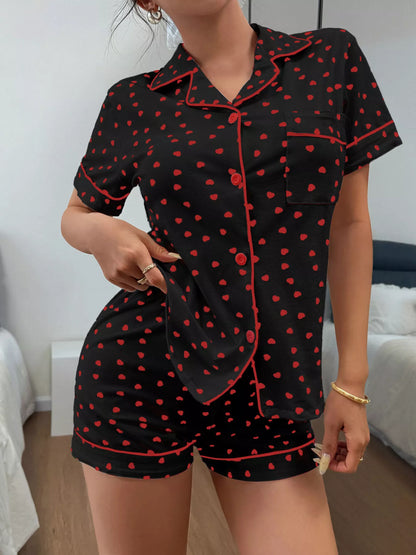 Heart Print Button-Down Short Sleeve Top and Shorts Lounge Set by Trendsi