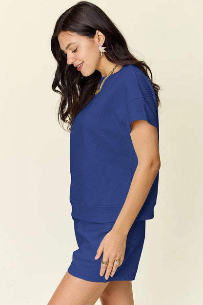 Double Take Full Size Texture Short Sleeve T-Shirt and Drawstring Shorts Set – Uneeque Designzz
