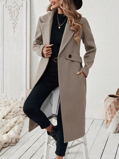 One Button Polyester Lapel Collar Belted Overcoat with Pockets – Uneeque Designzz