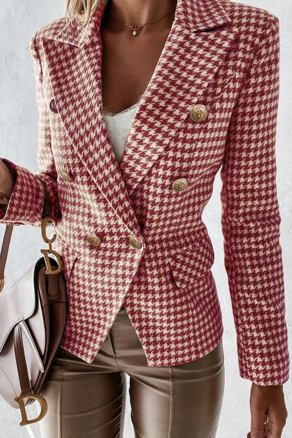 Houndstooth Collared Neck Double-Breasted Blazer