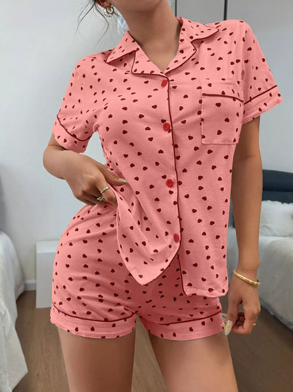 Heart Print Button-Down Short Sleeve Top and Shorts Lounge Set by Trendsi