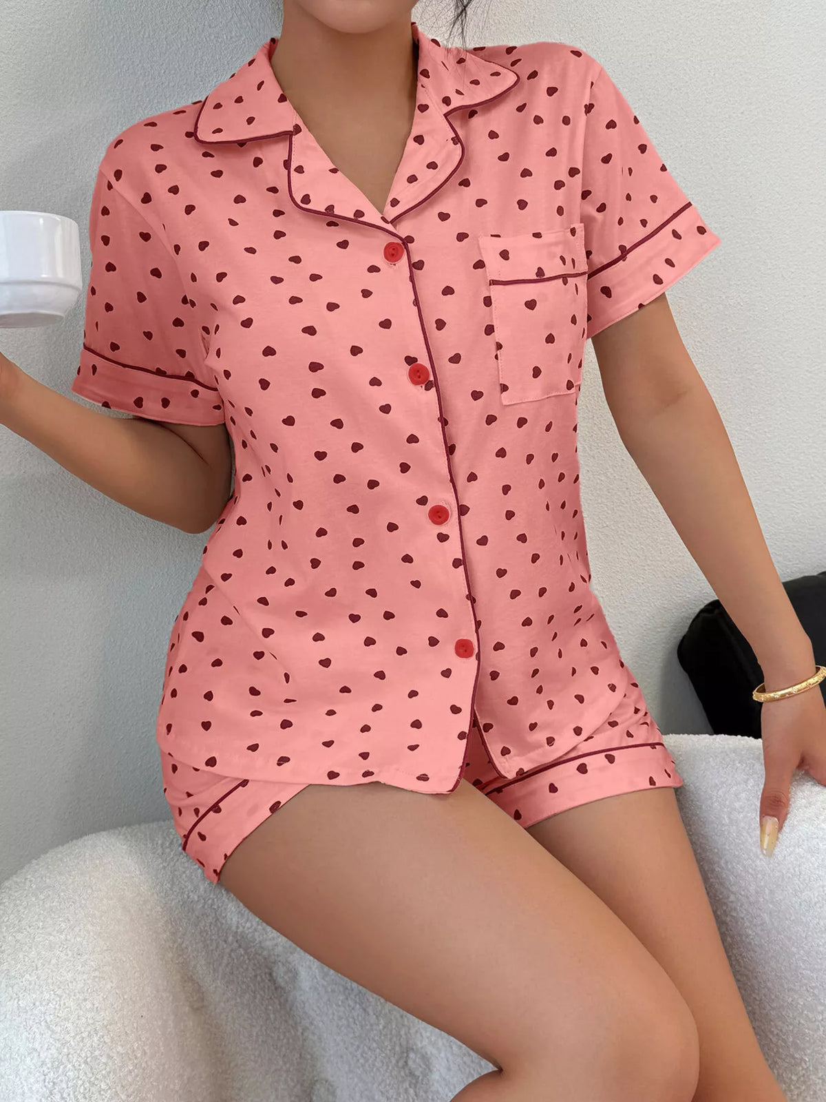 Heart Print Button-Down Short Sleeve Top and Shorts Lounge Set by Trendsi