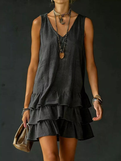 Plus Size Tiered Ruffled Hem V-Neck Sleeveless Dress Polyester – Uneeque Designzz
