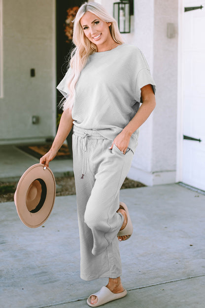 Double Take Full Size Texture Short Sleeve Top and Pants Set – Uneeque Designzz