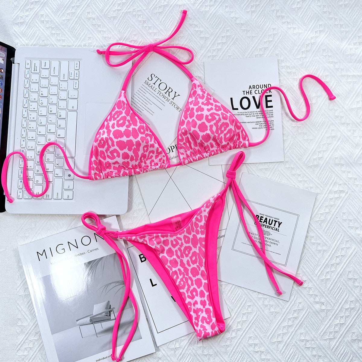 Leopard Print Halter Neck Tie Side Bikini Set by Trendsi