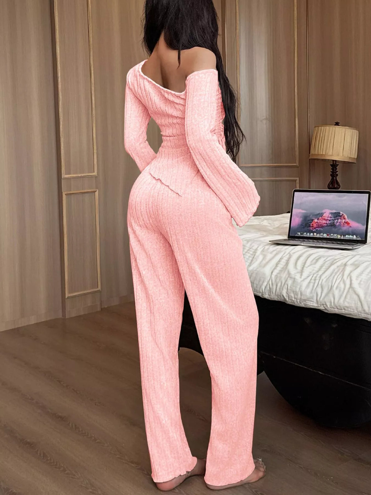One-Shoulder Ribbed Knit Top and Pants Set by Trendsi