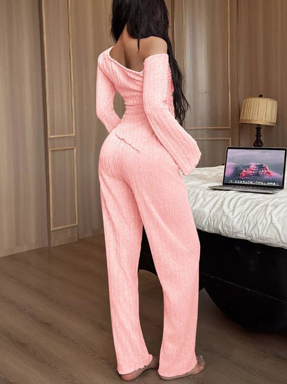 One-Shoulder Ribbed Knit Top and Pants Set by Trendsi