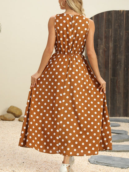 Polka Dot Round Neck Sleeveless Midi Dress – Uneeque Designzz