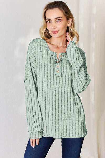 Basic Bae Full Size Ribbed Half Button Long Sleeve T-Shirt – Uneeque Designzz