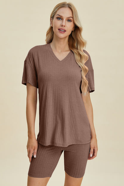 Basic Bae Full Size Ribbed V-Neck Short Sleeve Top and Shorts Set – Uneeque Designzz
