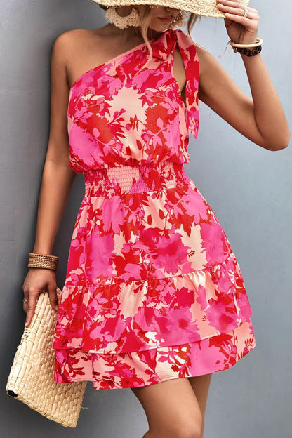 Tied Smocked Printed Single Shoulder Dress – Uneeque Designzz