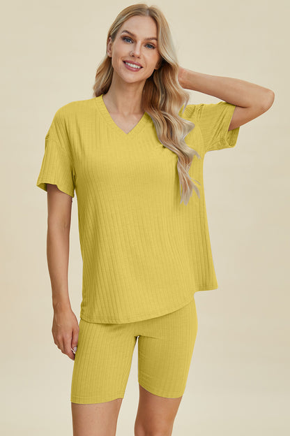 Basic Bae Full Size Ribbed V-Neck Short Sleeve Top and Shorts Set – Uneeque Designzz