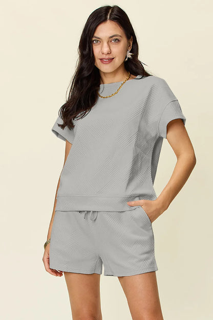 Double Take Full Size Texture Short Sleeve T-Shirt and Drawstring Shorts Set – Uneeque Designzz
