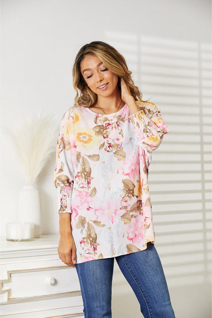 Double Take Floral Round Neck Three-Quarter Sleeve Top – Uneeque Designzz