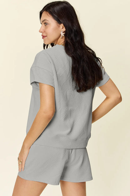 Double Take Full Size Texture Short Sleeve T-Shirt and Drawstring Shorts Set – Uneeque Designzz