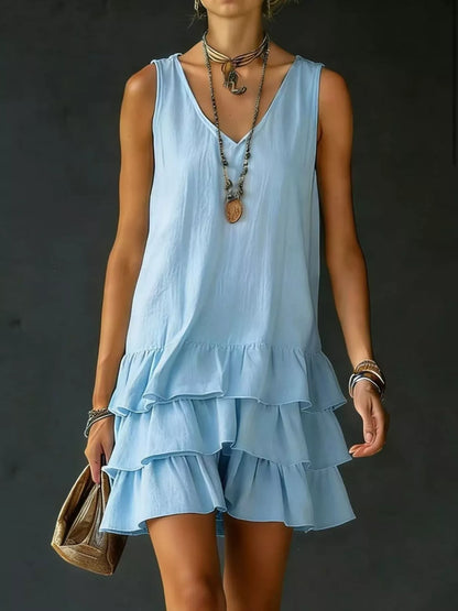 Plus Size Tiered Ruffled Hem V-Neck Sleeveless Dress Polyester – Uneeque Designzz