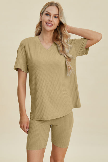 Basic Bae Full Size Ribbed V-Neck Short Sleeve Top and Shorts Set – Uneeque Designzz
