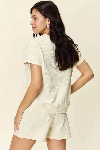 Double Take Full Size Texture Short Sleeve T-Shirt and Drawstring Shorts Set – Uneeque Designzz