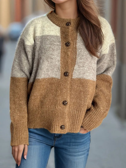 Women's Color Block Button-Up Round Neck Knit Cardigan – Uneeque Designzz