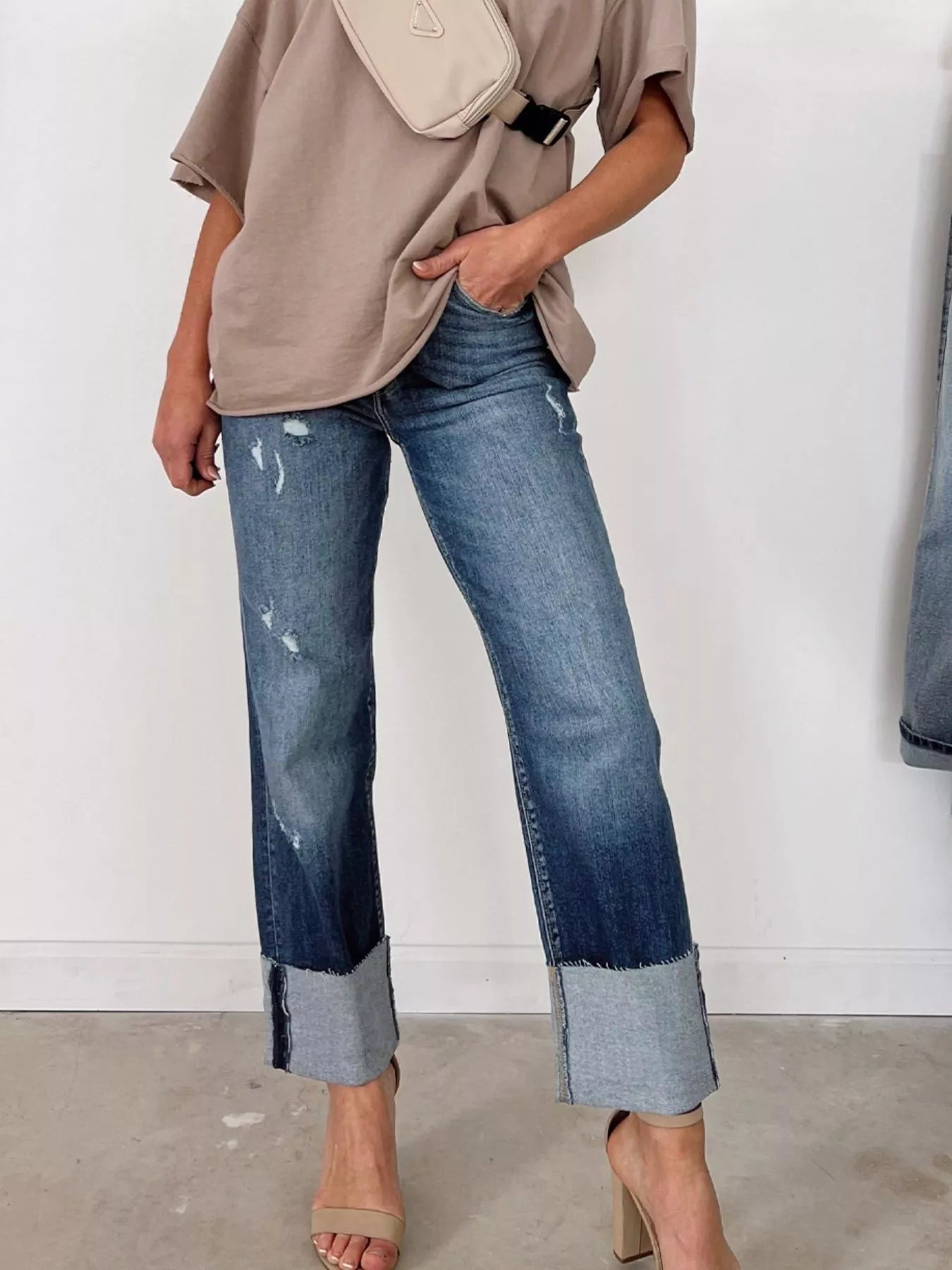 High Waist Distressed Straight Leg Jeans by Trendsi