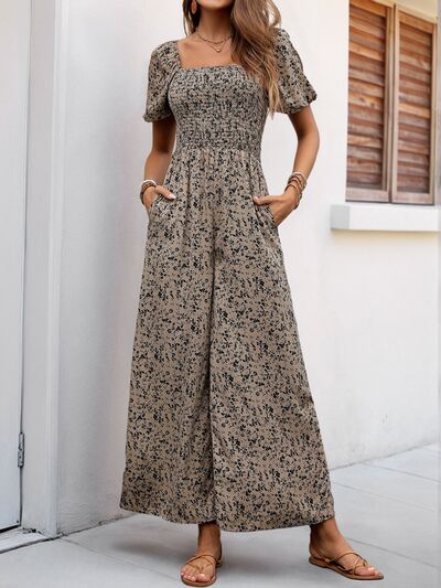 Perfee Smocked Printed Square Neck Puff Sleeve Jumpsuit – Uneeque Designzz