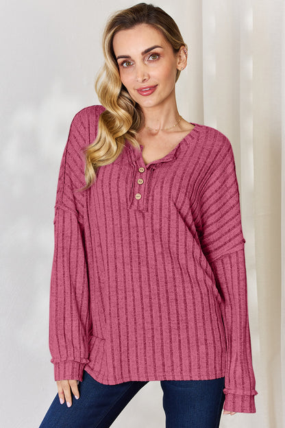 Basic Bae Full Size Ribbed Half Button Long Sleeve T-Shirt – Uneeque Designzz