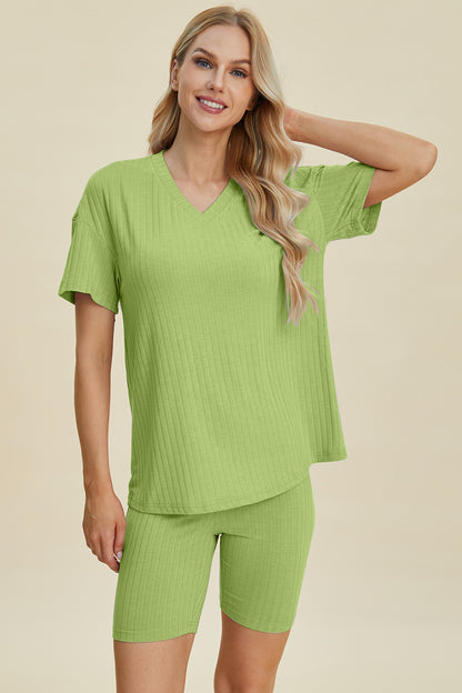 Basic Bae Full Size Ribbed V-Neck Short Sleeve Top and Shorts Set – Uneeque Designzz