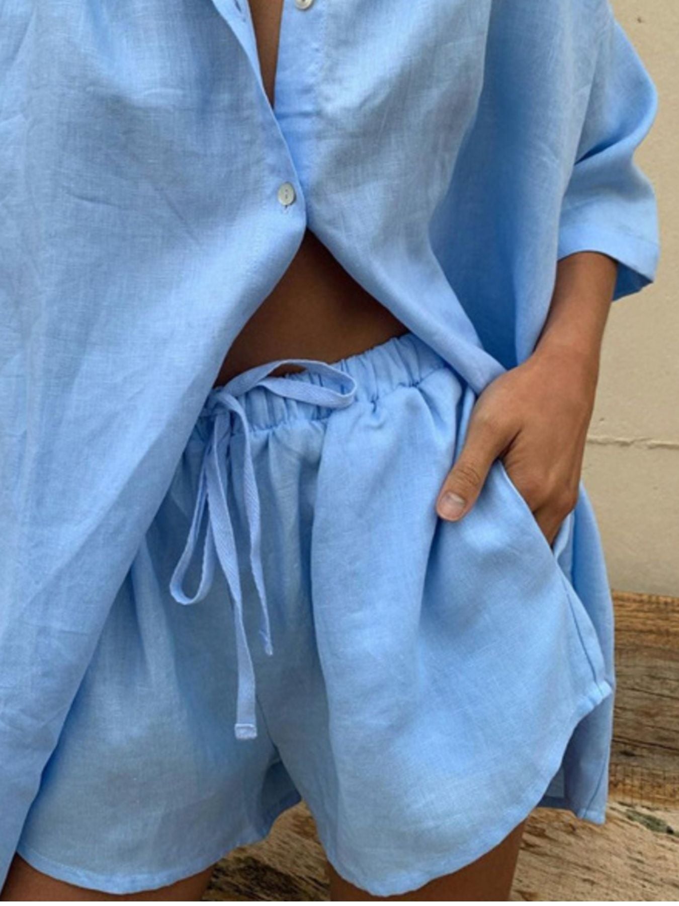 Button Up Shirt and Drawstring Shorts Set by Trendsi