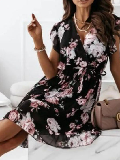 Floral Surplice Ruffled Cap Sleeve Dress – Uneeque Designzz