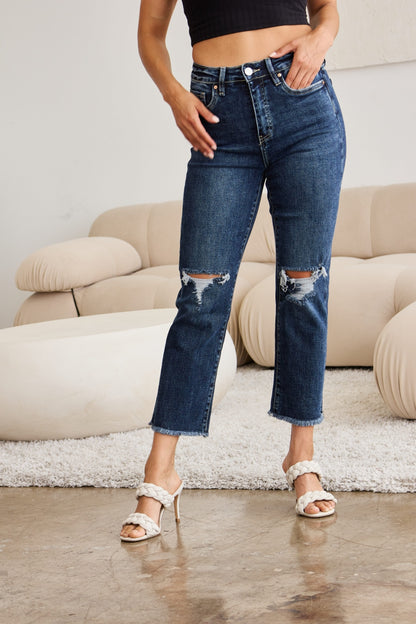 RFM Crop Dylan Full Size Tummy Control Distressed High Waist Raw Hem Jeans – Uneeque Designzz